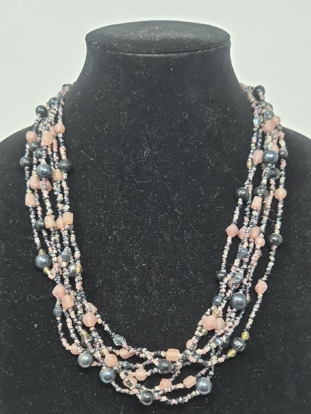 Multi-Strand Pink and Gray Beaded Necklace